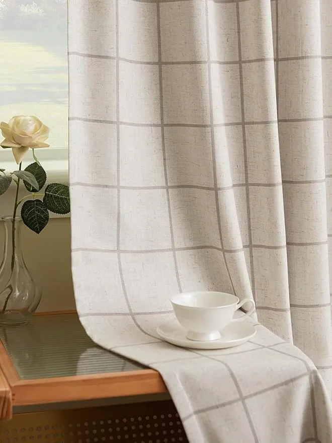 Soft Linen Plaid Blackout Curtains Gingham Double Layer Enhanced