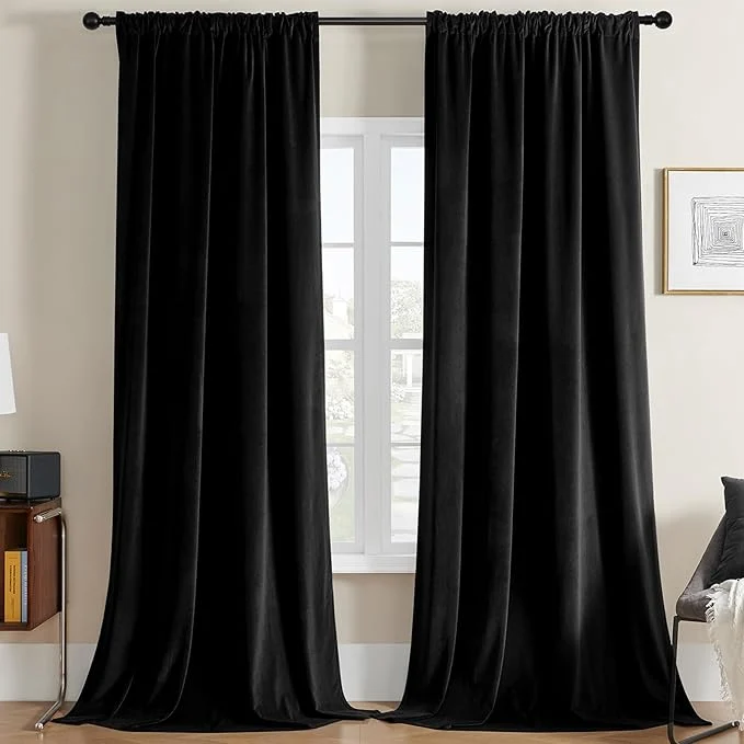 Classic Joydeco Black Velvet Curtains 120 inches Long 2 Panels Luxury Blackout Rod Comfortable