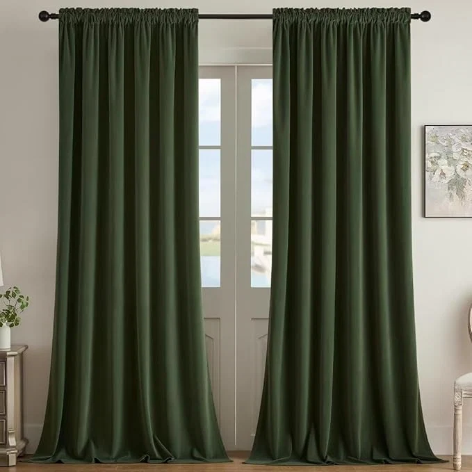 Green Joydeco Dark Olive Velvet Curtains 108 inch Length 2 Panels Luxury Blackout Sophisticated