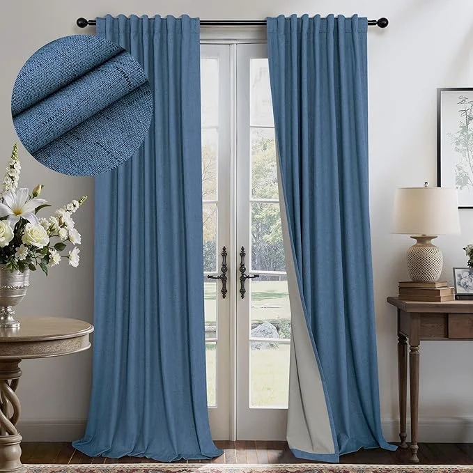 High-Grade Denim Blue Back Tab Blackout Curtains 108 Inches Long 2 Panel Set Cotton Linen High-End