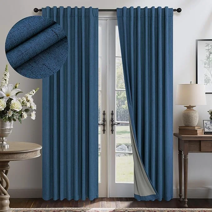 Modern Navy Blue Black Out Curtains 63 Inch Long 2 Panel Burg Linen Textured Thermal Natural