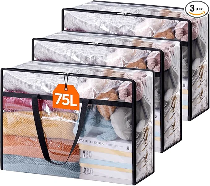 World-Class Lifewit 3 Pack Clear Clothes Storage Bags 75L Large Plastic Blanket Storage Enhanced