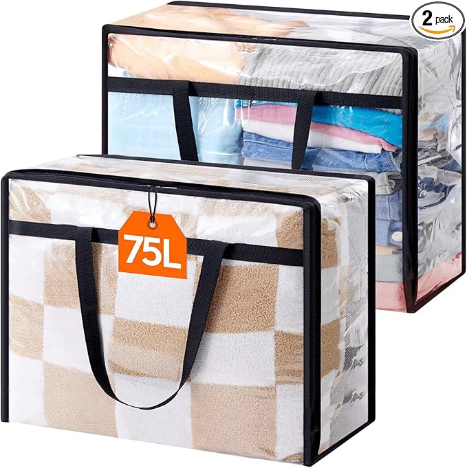 Premium Lifewit 2 Pack Clear Clothes Storage Bags 75L Large Plastic Blanket Storage Minimalist