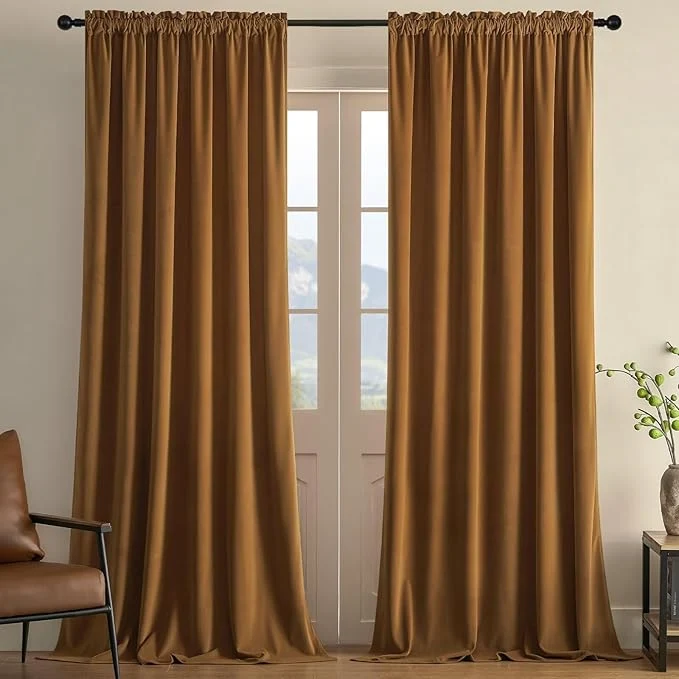 Practical Joydeco Camel Brown Velvet Curtains 108 inch Length 2 Panels Luxury Blackout Consistent
