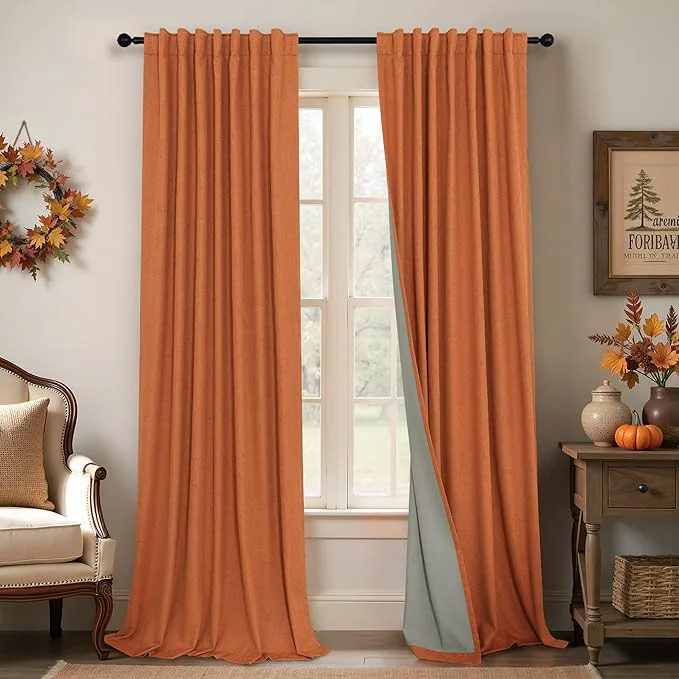 Clean Burnt Orange Blackout Window Curtain Panels Light Blocking Linen Boho Detailed