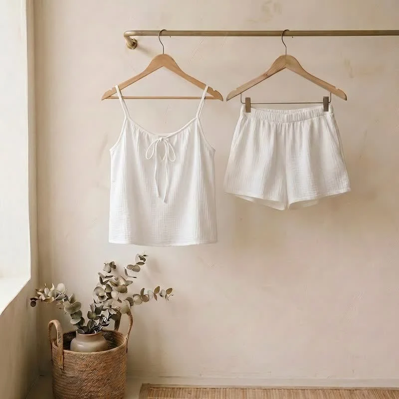 Dependable Ownkoti White Cotton Gauze Bow Lounge Set Innovative