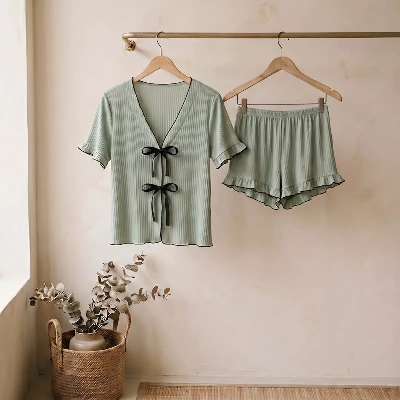 Trusted Ownkoti Pink Bow Detail Ruffle Hem Loungewear Set Soft