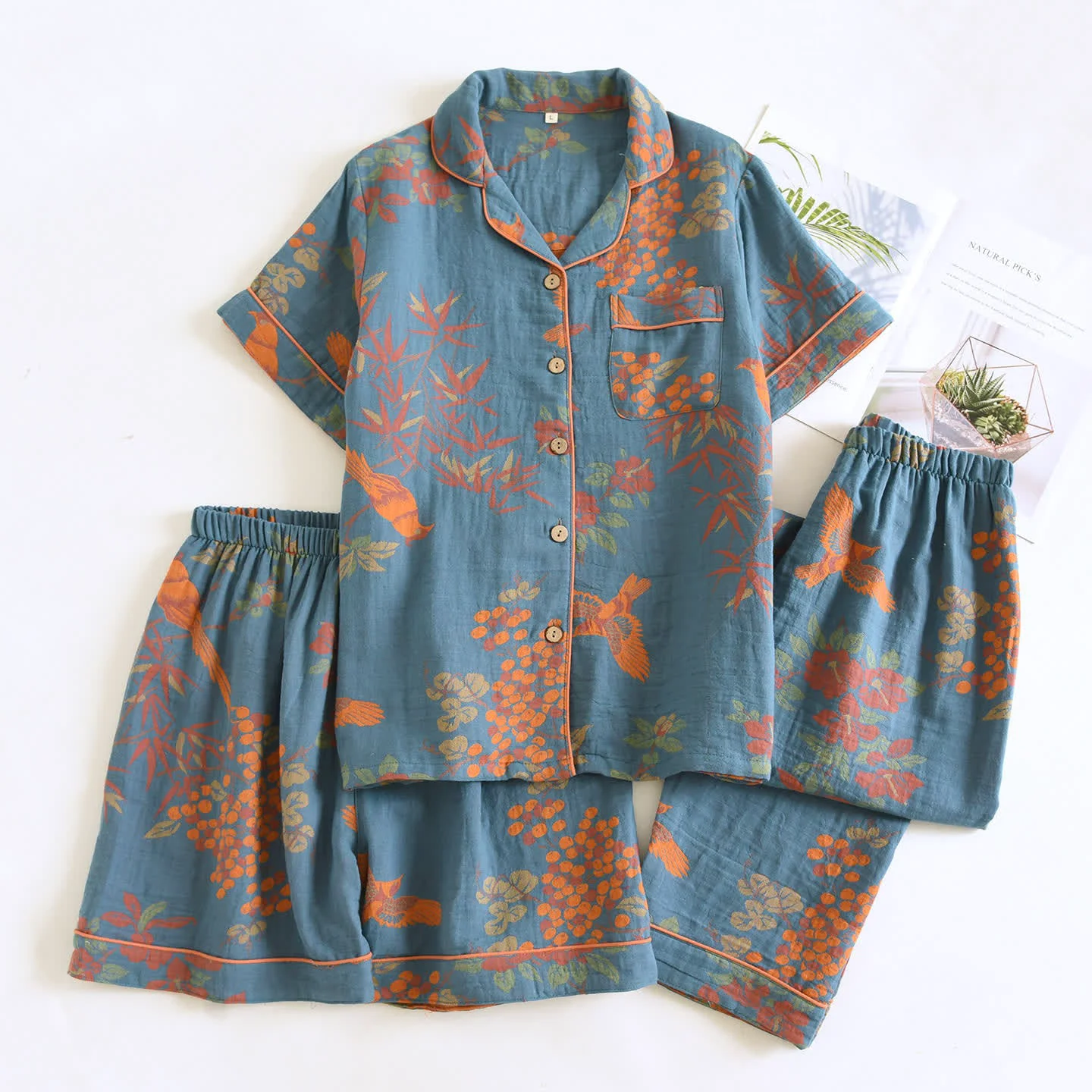 Natural Ownkoti Vintage Bird Floral Cotton Loungewear Set Reusable