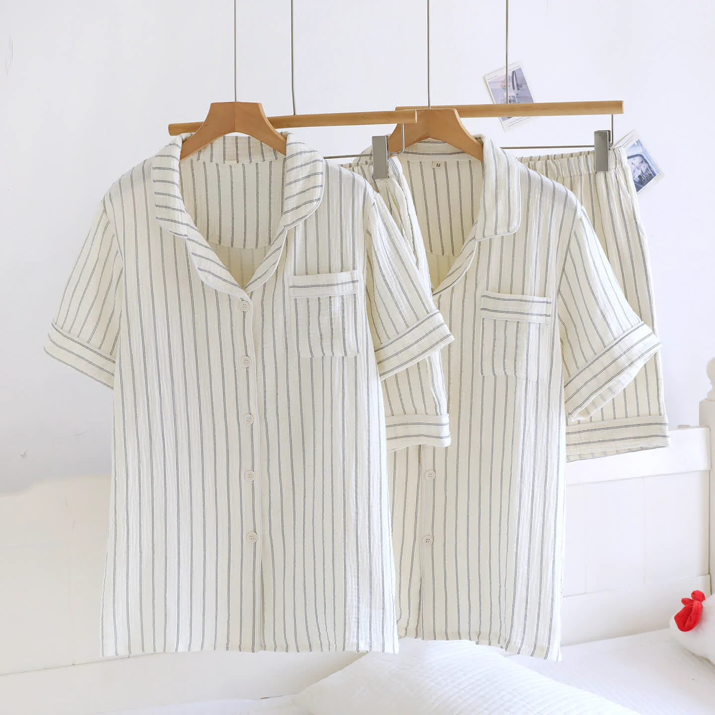 Detailed Ownkoti Relaxed Striped Camp Collar Summer Loungewear Set Soft