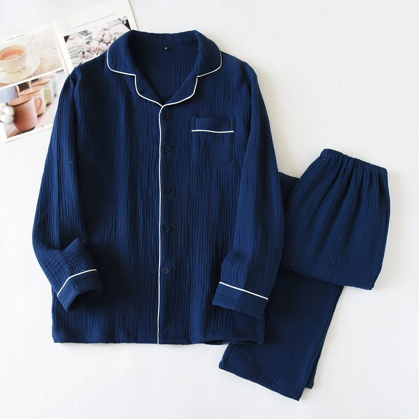 Trendy Ownkoti Cotton Gauze Contrast Trim Loungewear Set Flexible