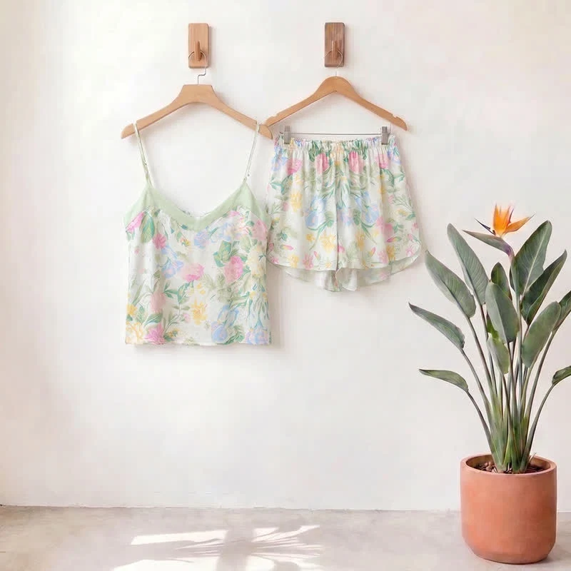 Easy-to-Use Ownkoti Mint Blossom Satin Cami and Shorts Loungewear Set Fast