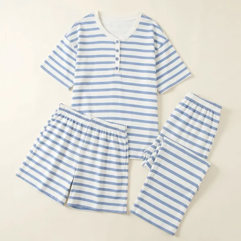 Solid Ownkoti Blue Stripe Cotton 3-Piece Loungewear Set Healthy