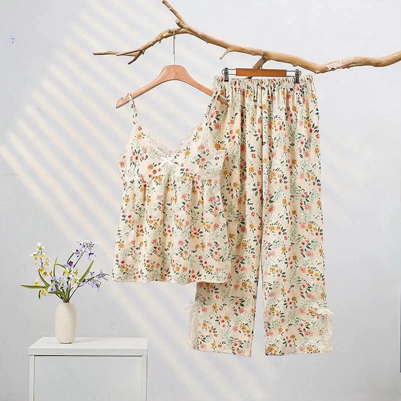 Relaxed Ownkoti Romantic Floral Cami and Ankle Pants Lounge Set Fine