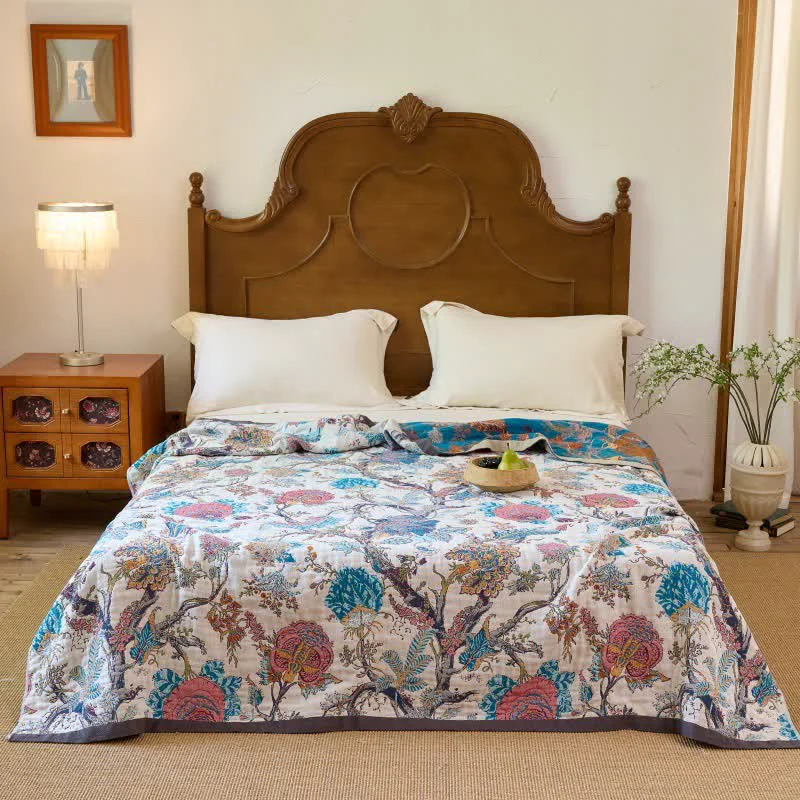 Soft Ownkoti Vintage Botanical Cotton Muslin Reverisible Quilt Expertly Made