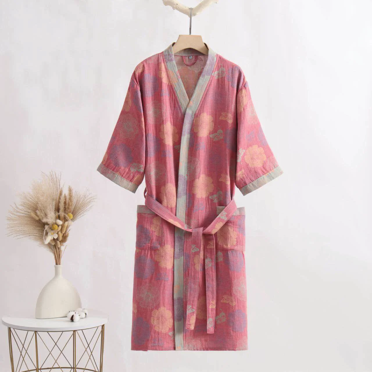 Minimalist Ownkoti Pink Floral Cotton Gauze Kimono Bathrobe Versatile