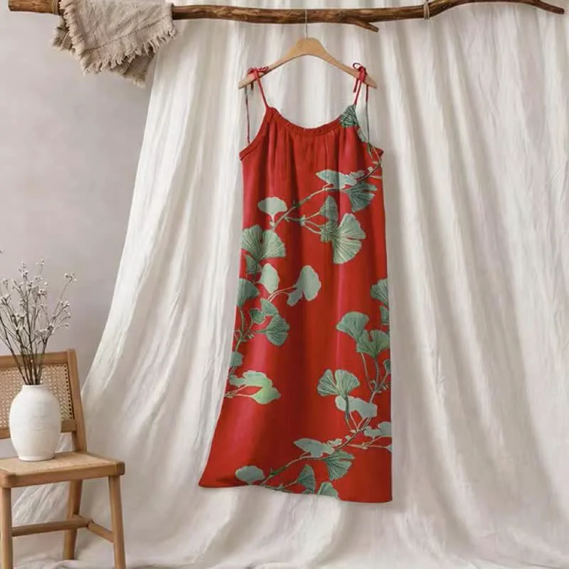 Convenient Ownkoti Ginkgo Leaf Tie Strap Maxi Lounge Dress Artisan