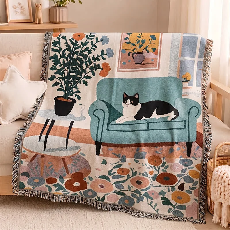 Relaxed Ownkoti Boho Cat Woven Fringe Throw Blanket Next-Generation
