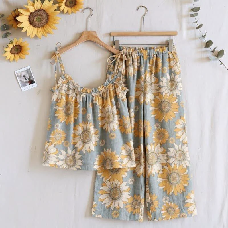 User-Friendly Ownkoti Sunflower Bloom Tie Strap Cami Loungewear Set Trusted