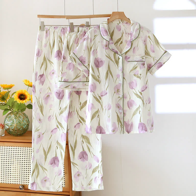Secure Ownkoti Romantic Tulip 3-Piece Cotton Gauze Pajama Set Breathable