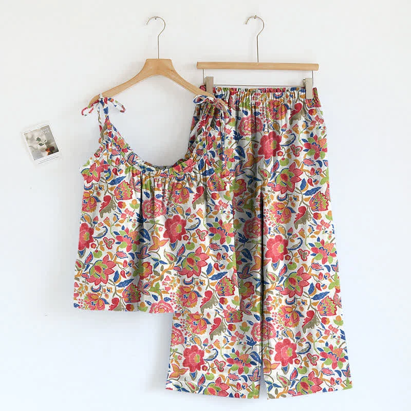 Verified Ownkoti Cottagecore Floral Tie Strap Cami Loungewear Set Casual