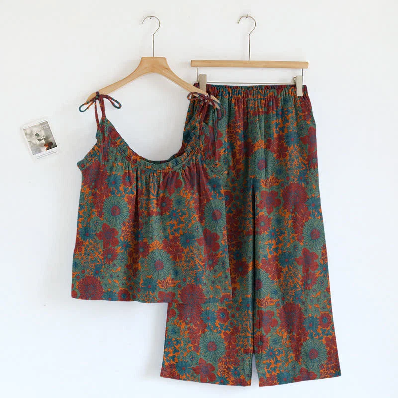 Responsible Ownkoti Vintage Floral Tie Strap Loungewear Set Unique