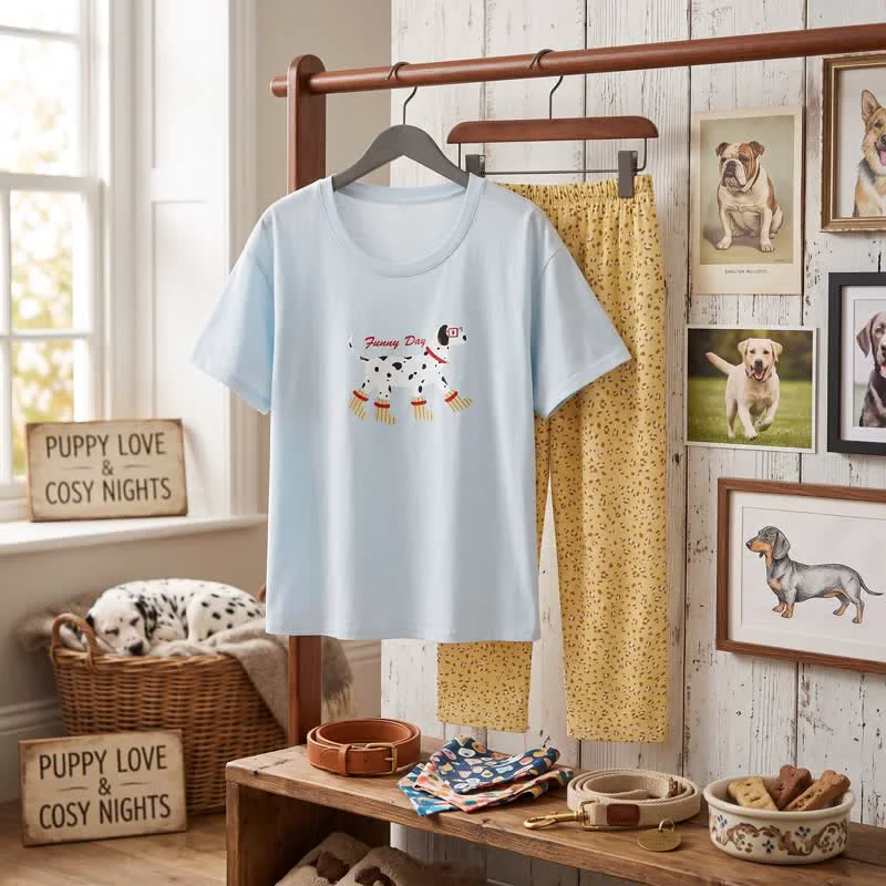 Green Ownkoti Cute Dog Graphic Cotton Loungewear Set High-Performance
