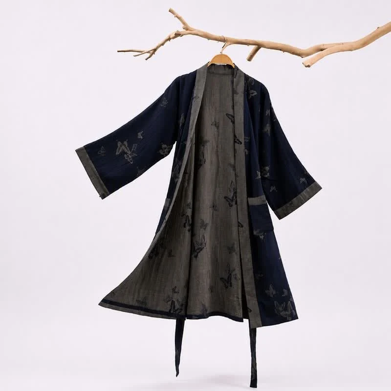 Prestigious Ownkoti Navy Butterfly Cotton Double Gauze Kimono Robe Refined