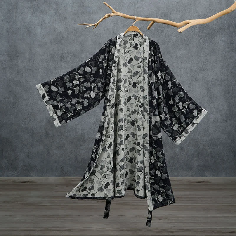 Excellent Ownkoti Black White Ginkgo Leaf Cotton Kimono Robe Natural