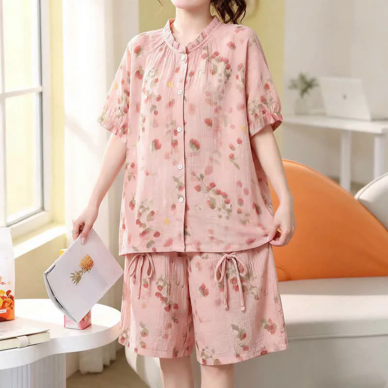 Reliable Ownkoti Plus Size Floral Cotton Gauze Short Pajama Set Premium Material