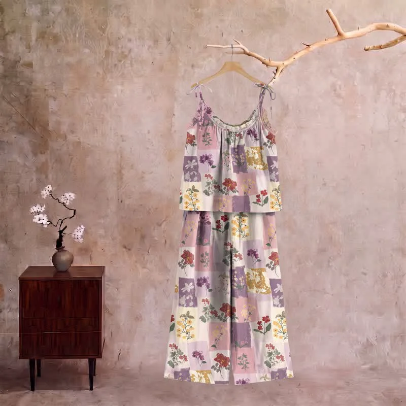 Casual Ownkoti Pastel Floral Patchwork Cami Loungewear Set Crafted