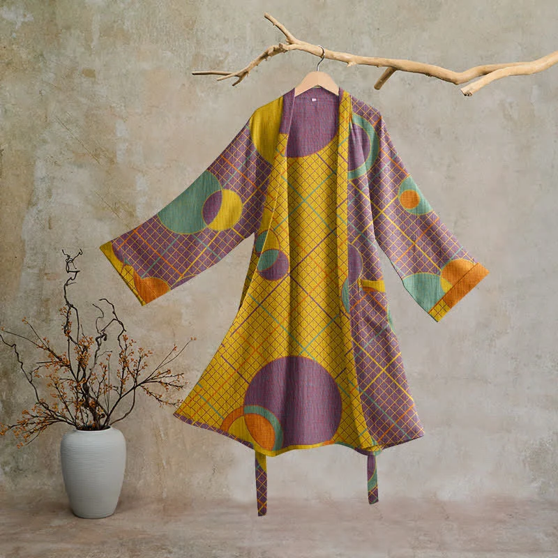 Natural Ownkoti Retro Geometric Circle Cotton Robe Trendy