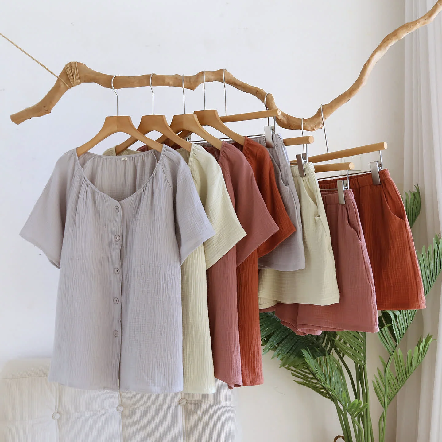 Contemporary Ownkoti Breezy Cotton Gauze V-Neck Lounge Set Fine Crafted