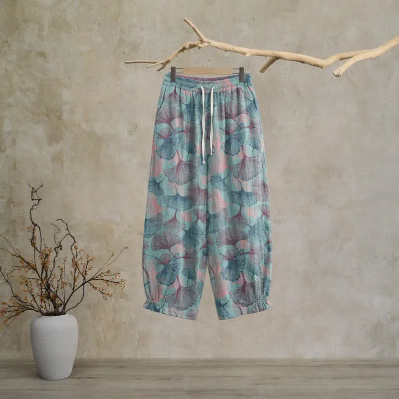 Functional Ownkoti Vintage Ginkgo Leaf Cotton Lounge Pants Outstanding