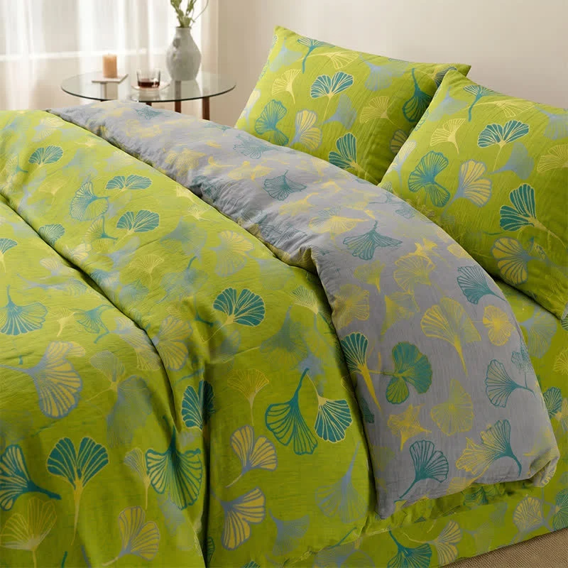 Long-Lasting Ownkoti Vintage Green Ginkgo Leaf Cotton Reversible Bedding Set Enhanced
