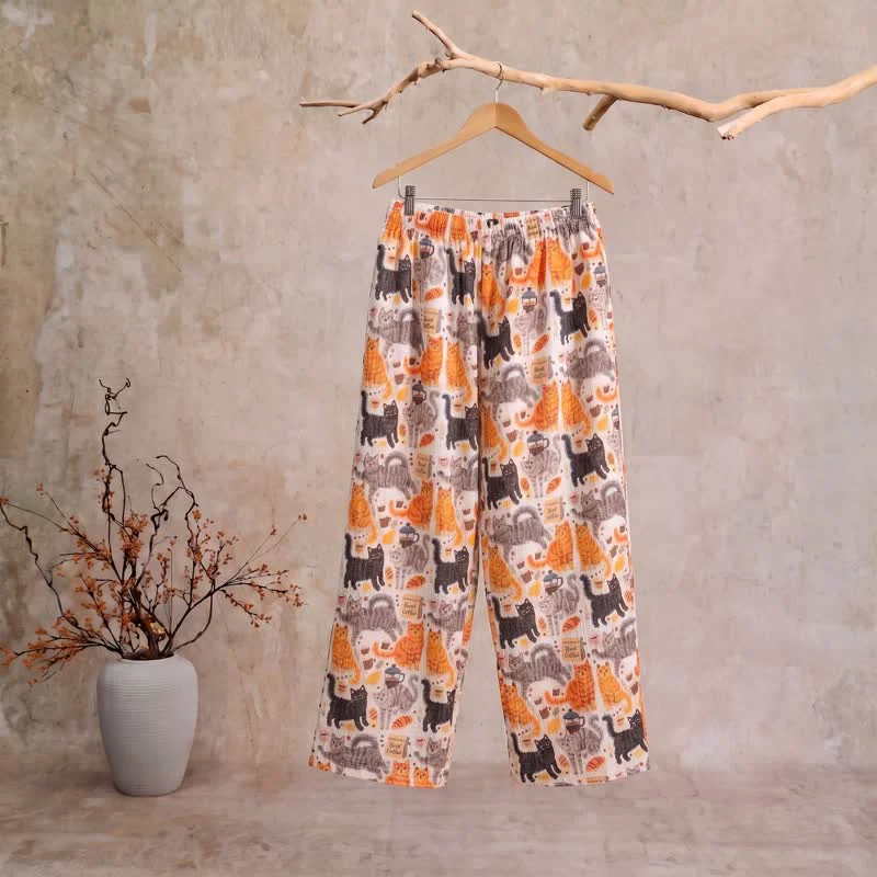 Crafted Ownkoti Cartoon Orange Cat Cotton Gauge Lounge Pants Green