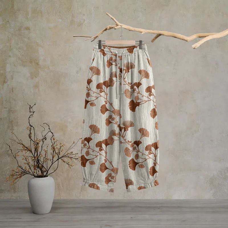 Advanced Ownkoti Beige Base Rust Ginkgo Leaf Pattern Cotton Lounge Pants Dependable