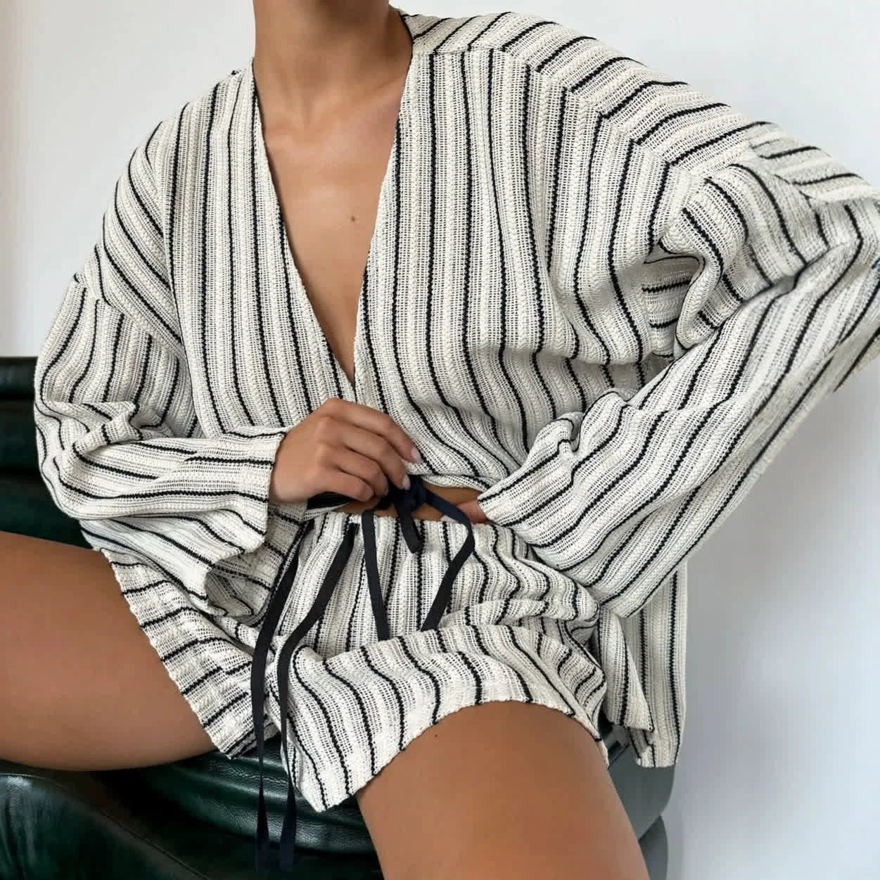 Convenient Ownkoti Effortless Stripe Cotton Wrap Resort Loungewear Set Crafted