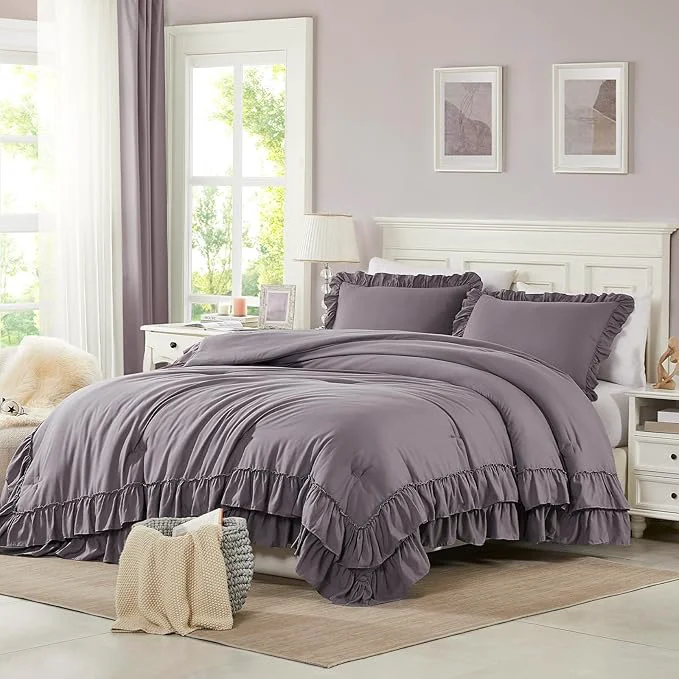 High-Grade Cupocupa Purple Full Comforter Set 3Pcs Ruffle Farmhouse Bedding Sets with Comforter amp Pillowcases Soft Shabby Chic Lightweight Fluffy Comforter Set for All Season Bedroom Decor Purple F Selected