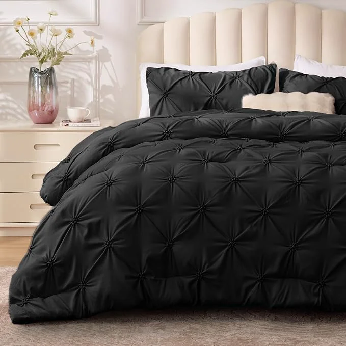 Convenient BEDELITE Black King Size Comforter Set – 3 Pieces Boho Pintuck Bedding Comforter Sets Lightweight Soft amp Warm King Bedding Set with 2 Pillowcases for All Season Flexible