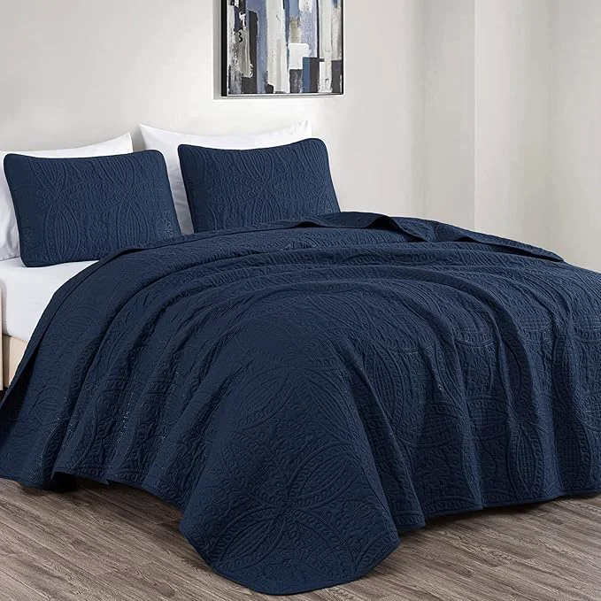 Minimalist Chezmoi Collection Austin 3-piece Oversized Bedspread Coverlet Set Queen Navy Oversized Lightweight Fade Resistant Elegant
