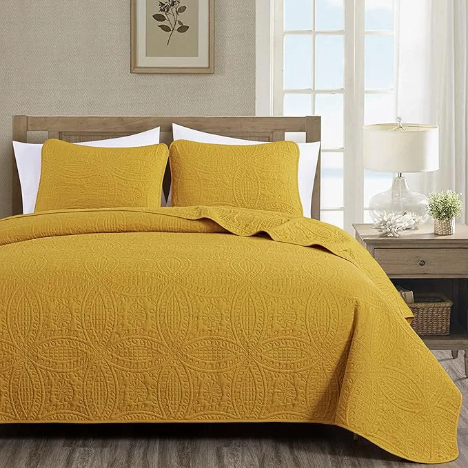 Artisan Chezmoi Collection Austin King Bedspread Set 3-Piece Pinsonic Quilted Oversized Bedspread Coverlet Set King Mustard Oversized Lightweight Fade Resistant Pure