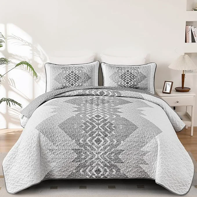 Comfortable Boho Quilt Set King Size 3 Pieces Grey Aztec King Quilt Set Bohemian Bedspread Coverlet Set Soft Microfiber Lightweight Bedding Set with 2 pillowcases Gray Quilt Set for All Season 90 quot x103 quot Premium Material