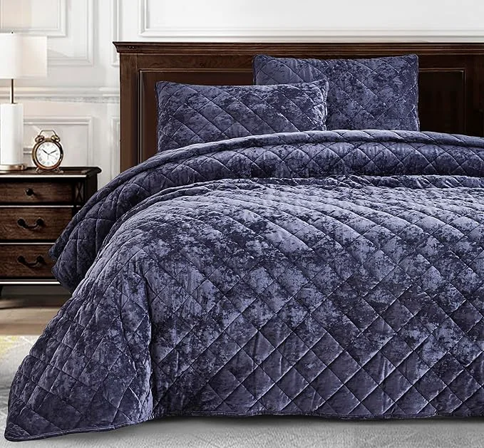 Solid Chezmoi Collection Lux Purple Velvet Quilt Queen Set 3-Piece Plush Distressed Velvet Bedding All Season Lightweight Comforter Brushed Microfiber Reverse with Diamond Stitch Quilting Traditional