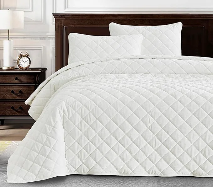 Powerful Chezmoi Collection Lux Cream White Velvet Quilt Queen Set 3-Piece Plush Distressed Velvet Bedding All Season Lightweight Comforter Brushed Microfiber Reverse with Diamond Stitch Quilting Healthy