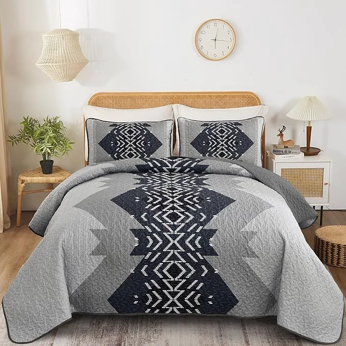 Fast Dintszyayue Queen Size Quilt Set 3 Pieces Boho Bedspread Aztec Texture Quikted Coverlet Set Navy Blue Bedding Sets Geometric Pattern Microfiber Bed Cover for All Season Navy 90 quot x96 quot Flexible