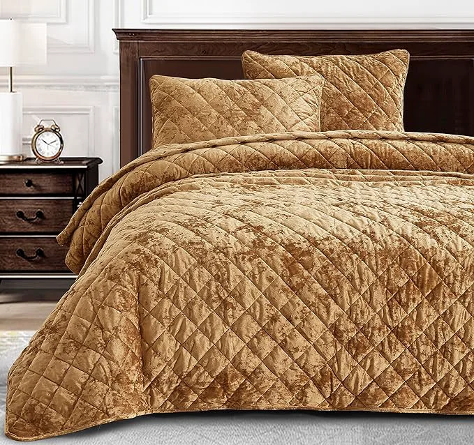 Flexible Chezmoi Collection Lux Caramel Gold Velvet Quilt Queen Set 3-Piece Lush Plush Distressed Velvet Bedding All Season Lightweight Comforter Brushed Microfiber Reverse with Diamond Stitch Quilting Soft