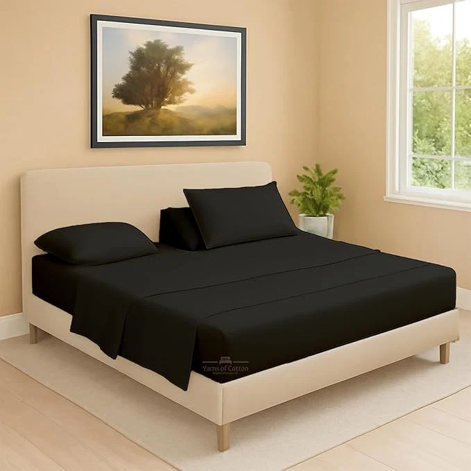 Artisan Split Head Flex 2 Qty Fitted Sheet for Adjustable Bed King 28 quot Split Down from The Top Egyptian Cotton 600 Thread Count 18 quot Deep Pocket Super Soft Wrinkle Black Contemporary