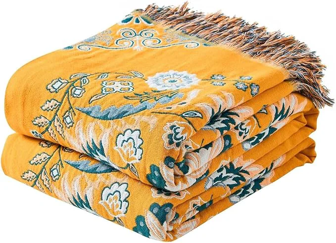 Fine Boho Throw Blanket Cotton Ultra Soft Luxury Throw Rustic Quilt Floral Printed Farmhouse Decor Bed Summer Blankets All Season Rustic Reversible Bohemian Throw for Bed 60 quot x80 quot Yellow Fashionable