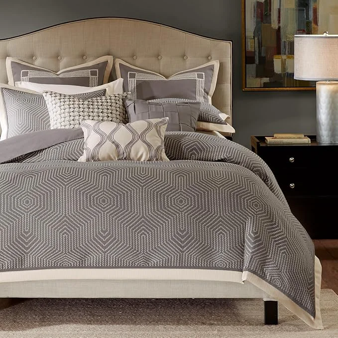 Original Madison Park Signature Cozy Comforter Set – All Season Bedding Combo Filled Insert and Removable Duvet Cover Shams Decorative Pillows King 110 in x 96 in Geometric Grey 10 Piece Contemporary