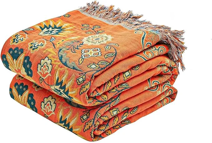 Comfortable Boho Throw Blanket Cotton Ultra Soft Luxury Throw Rustic Quilt 90 quot x98 quot Floral Printed Farmhouse Decor Bed Summer Blankets All Season Rustic Reversible Bohemian Throw for Bed – Orange Contemporary